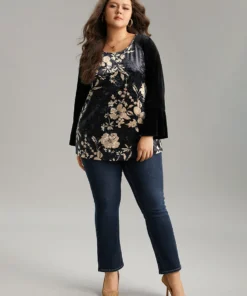 Velvet Floral Patchwork Raglan Sleeve T-shirt -Clothing Shop 332530580 ra