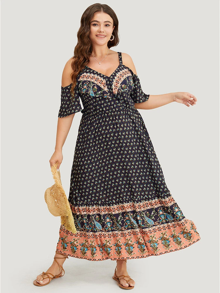 Bandana Print Pocket Ruffle Trim Cold Shoulder Maxi Dress 3 Bandana Print Pocket Ruffle Trim Cold Shoulder Maxi Dress