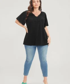 Solid Ruffle Sleeve Lace V Neck T-shirt -Clothing Shop 333420239 tm 59ce43ca 8d7e 464d 8f52 65257da3afa9