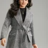 Tweed Belted Lapel Collar Flap Pocket Coat
