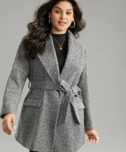 Tweed Belted Lapel Collar Flap Pocket Coat