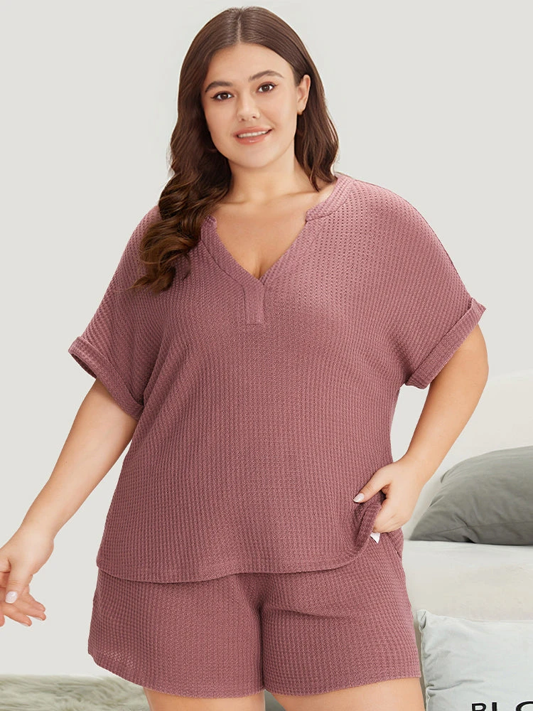 Waffle Knit Notched Roll Batwing Sleeve Sleep Top 7 Waffle Knit Notched Roll Batwing Sleeve Sleep Top - Image 5