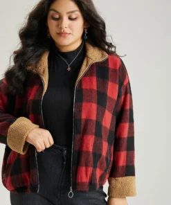 Plaid Patchwork Zipper Contrast Pocket Jacket -Clothing Shop 336598443 pm
