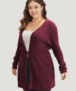 Rib Knit Drawstring Split Side Tunic Cardigan -Clothing Shop 336772541 lm