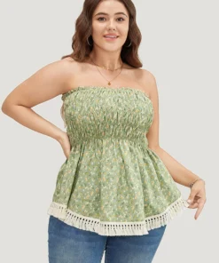 Ditsy Floral Frill Trim Tassels Hem Shirred Off Shoulder Blouse -Clothing Shop 33719186 ww