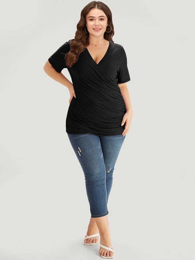 Solid Heather Overlap Collar Gathered T-shirt 21 Solid Heather Overlap Collar Gathered T-shirt - Image 19