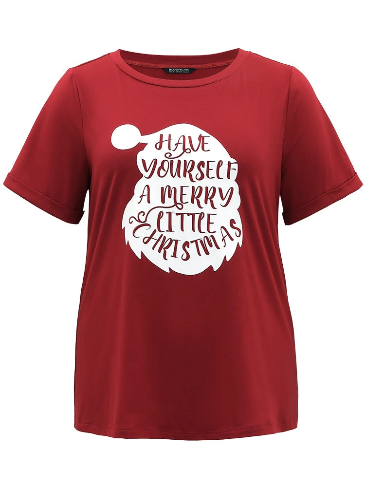 Christmas Print Round Neck Roll Sleeve T-shirt 7 Christmas Print Round Neck Roll Sleeve T-shirt - Image 5