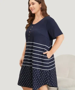 Striped & Polka Dot Print Pocket Button Detail Sleep Dress -Clothing Shop 338278232 xc d5dfe490 e2a2 4f92 a2f1 f8a2c76649db