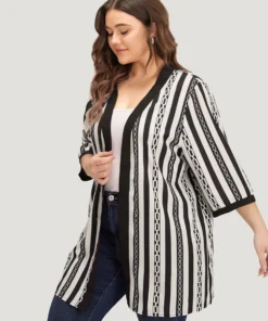 Striped Patchwork Contrast Open Front Kimono 13 Striped Patchwork Contrast Open Front Kimono -Clothing Shop 339065869 vl