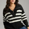 Striped Zipper Lapel Collar Drop Shoulder Pullover