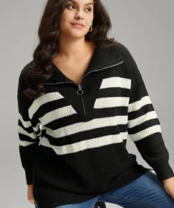 Striped Zipper Lapel Collar Drop Shoulder Pullover