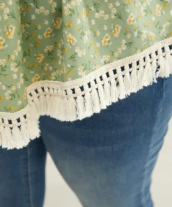 Ditsy Floral Frill Trim Tassels Hem Shirred Off Shoulder Blouse -Clothing Shop 343087541 vu