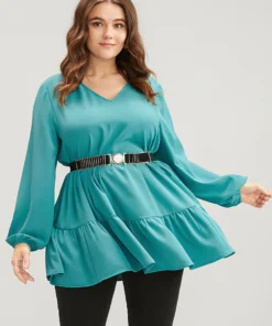 Solid V Neck Lantern Sleeve Ruffle Hem Blouse Without Belt -Clothing Shop 343198356 pd