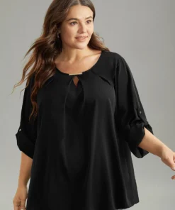 Anti-Wrinkle Buckle Detail Keyhole Tab Sleeve Blouse