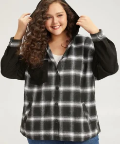 Plaid Hooded Patched Pocket Button Up Patchwork Coat -Clothing Shop 343821109 hb 65ad6d88 5634 40cc a443 0a65b8e63ea4