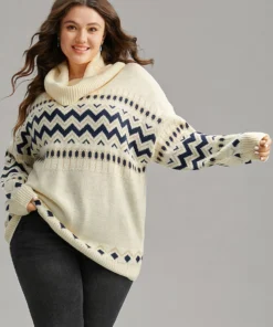 Geometric Contrast Turtleneck Elastic Cuffs Pullover