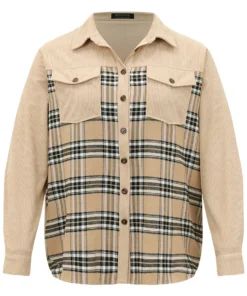 Plaid Pocket Button Through Patchwork Shirt Collar Jacket -Clothing Shop 345362719 ob