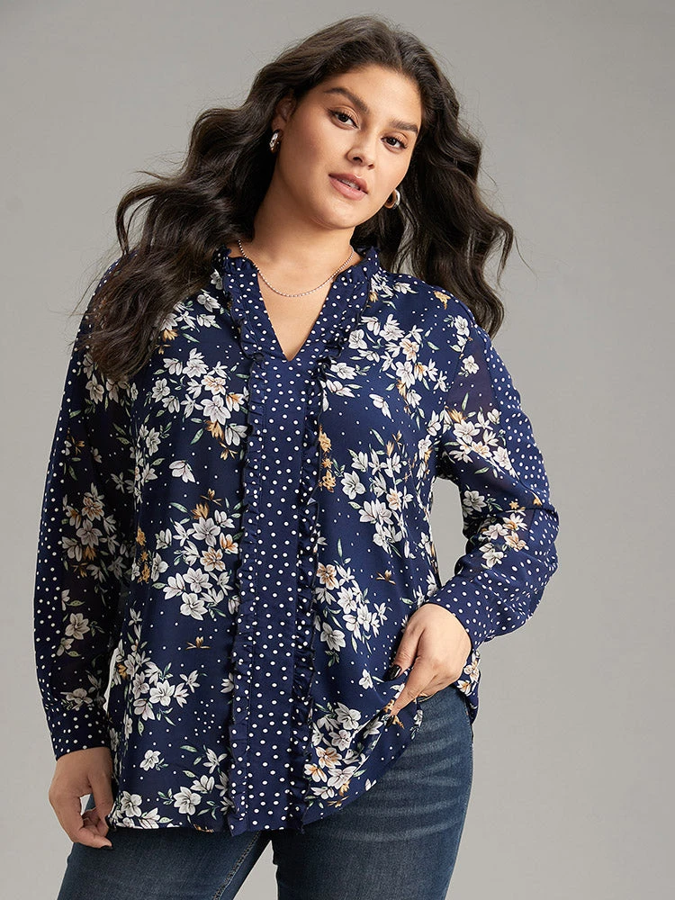 Chiffon Floral Polka Dot Patchwork Frill Trim Mesh Blouse 3 Chiffon Floral Polka Dot Patchwork Frill Trim Mesh Blouse
