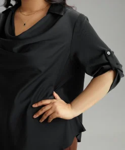Anti-Wrinkle Solid Cowl Neck Tab Sleeve Blouse -Clothing Shop 345813099 re