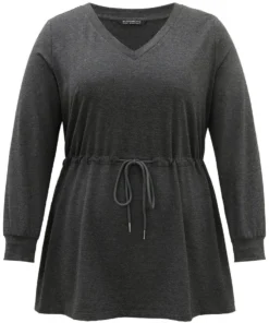 V Neck Plain Drawstring Knot Sweatshirt -Clothing Shop 345853476 ev