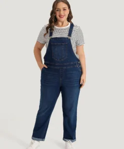 Solid Adjustable Straps Pocket Roll Hem Denim Overalls