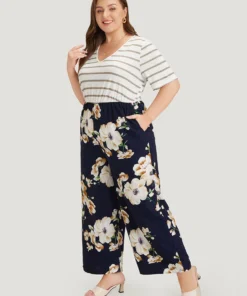 Striped & Floral Patchwork Pocket Jumpsuit -Clothing Shop 346387264 yn