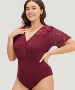 Plain Crochet Lace Mesh Surplice Neck Bodysuit -Clothing Shop 346988706 la