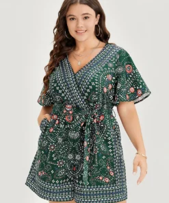 Bandana Print Belted Pocket Surplice Neck Romper -Clothing Shop 347046084 og