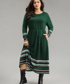 Striped Patchwork Contrast Crew Neck Dress -Clothing Shop 347775117 du