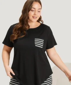 Striped Patchwork Patched Pocket Arc Hem Sleep Top 14 Striped Patchwork Patched Pocket Arc Hem Sleep Top -Clothing Shop 347942046 rt