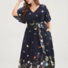 Floral & Butterfly Print Contrast Lace Pocket Belted Ruffles Dress