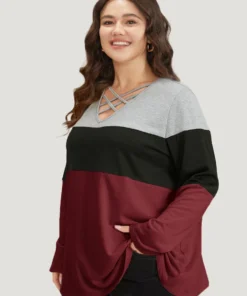 Colorblock Contrast Crisscross V Neck Sweatshirt -Clothing Shop 348999112 ie