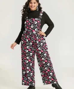 Halloween Skull &Heart Print Pocket Gathered Jumpsuit