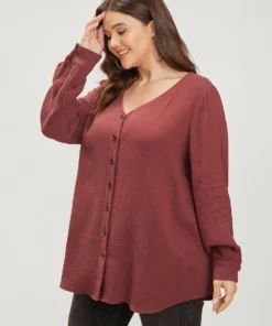 Solid V Neck Button Up Asymmetrical Hem Blouse -Clothing Shop 349278540 wh 415dee7f 599b 4384 8e83 d211a6c5aafa