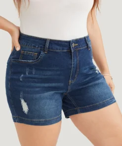Moderately Stretchy High Rise Dark Wash Distressed Denim Shorts -Clothing Shop 349388271 ns