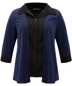 Contrast Patchwork Shirt Collar Button Through Blouse -Clothing Shop 349437117 lq