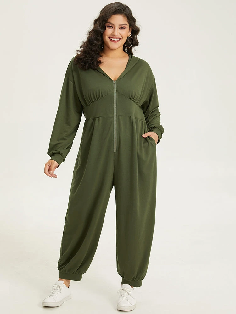 Solid Half Zip Hooded Gathered Jumpsuit 4 Solid Half Zip Hooded Gathered Jumpsuit - Image 2