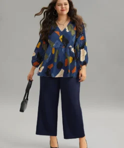 Brush Print Button Detail Elastic Cuffs Blouse -Clothing Shop 350096907 wi