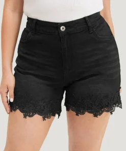 Slightly Stretchy High Rise Black Wash Contrast Lace Denim Shorts