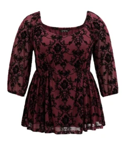 Silhouette Floral Print Contrast Flocking Square Neck Blouse -Clothing Shop 350247534 rq