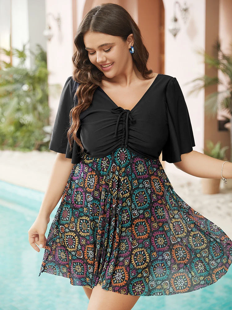 Paisley Drawstring Ruched Detail Ruffle Sleeve Swim Dress 8 Paisley Drawstring Ruched Detail Ruffle Sleeve Swim Dress - Image 6