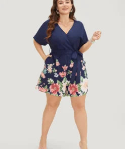 Floral Pocket Batwing Sleeve Surplice Neck Romper 20 Floral Pocket Batwing Sleeve Surplice Neck Romper -Clothing Shop 350414466 id