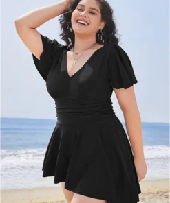 Plain Sculpt Waist Split Hem Ruffles Ruched Swim Dress -Clothing Shop 350503818 ez 8a9f260f 3479 4be2 8634 7b211621f30a