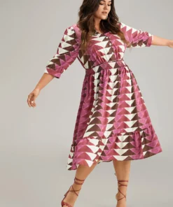 Geometric Shirred Button Up Ruffle Hem Dress -Clothing Shop 351557962 zq