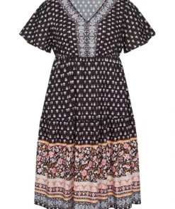 Boho Print Contrast Gathered Pocket Ruffles Dress -Clothing Shop 35157491 en