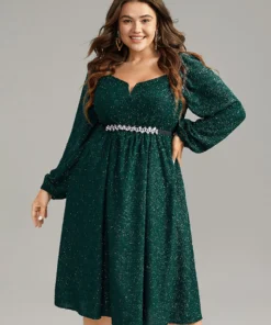 Plain Textured Gathered Square Neck Dress