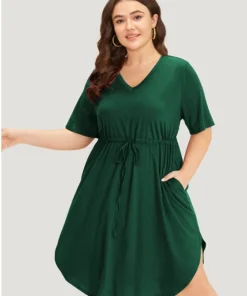 Supersoft Essentials Plain Pocket Curved Hem Drawstring V Neck Dress -Clothing Shop 353106134 et