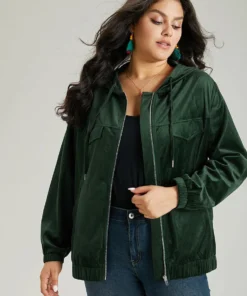 Velvet Zipper Pocket Drawstring Hooded Jacket -Clothing Shop 353657541 zi