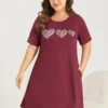 Heart Print Ruffle Hem Crew Neck Sleep Dress -Clothing Shop 353849197 mj
