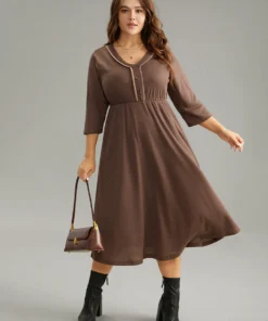 Waffle Knit Contrast V Neck Button Detail Dress